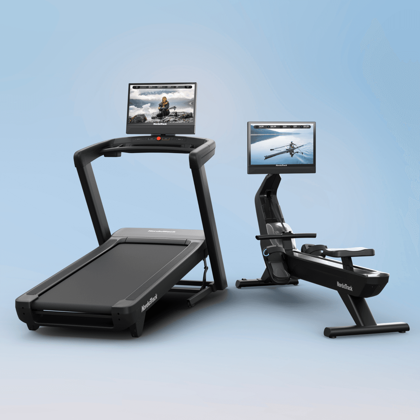 The Commercial 2450 Treadmill sitting side by side the RW900 Rower on a blue backdrop, featuring winter workouts on their touchscreens.