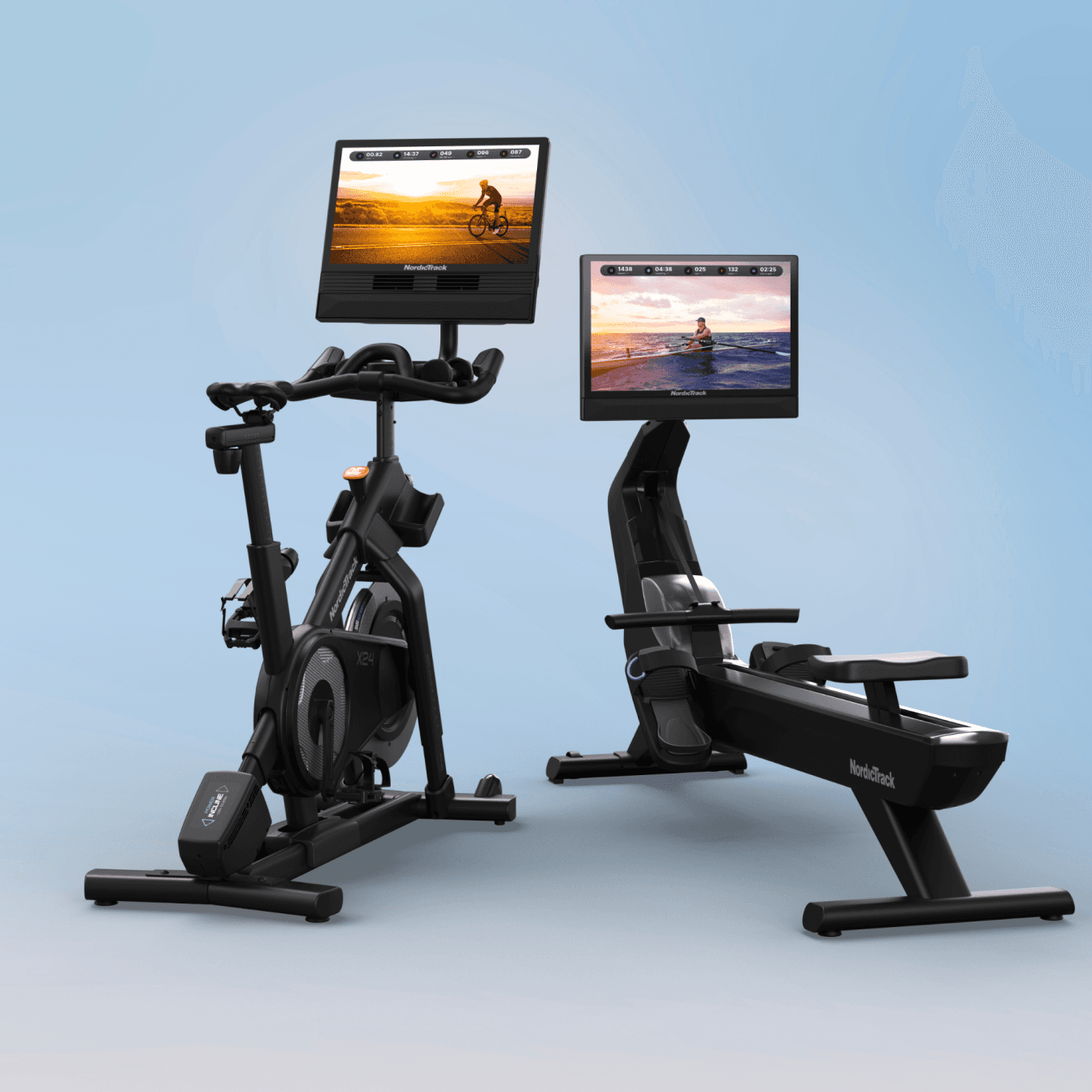 The X24 Studio Bike sitting side by side the RW900 Rower on a blue backdrop, featuring summer workouts on their touchscreens.