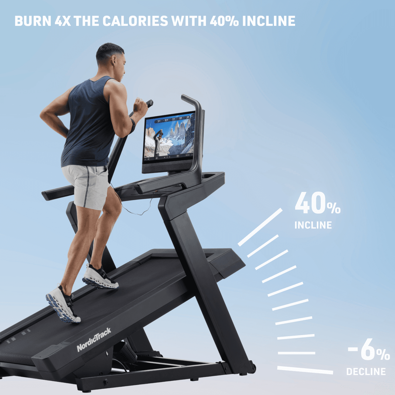 A man in blue tank top and khaki shorts running on the X24 Treadmill with graphics showcasing its 40% incline to -6% decline.