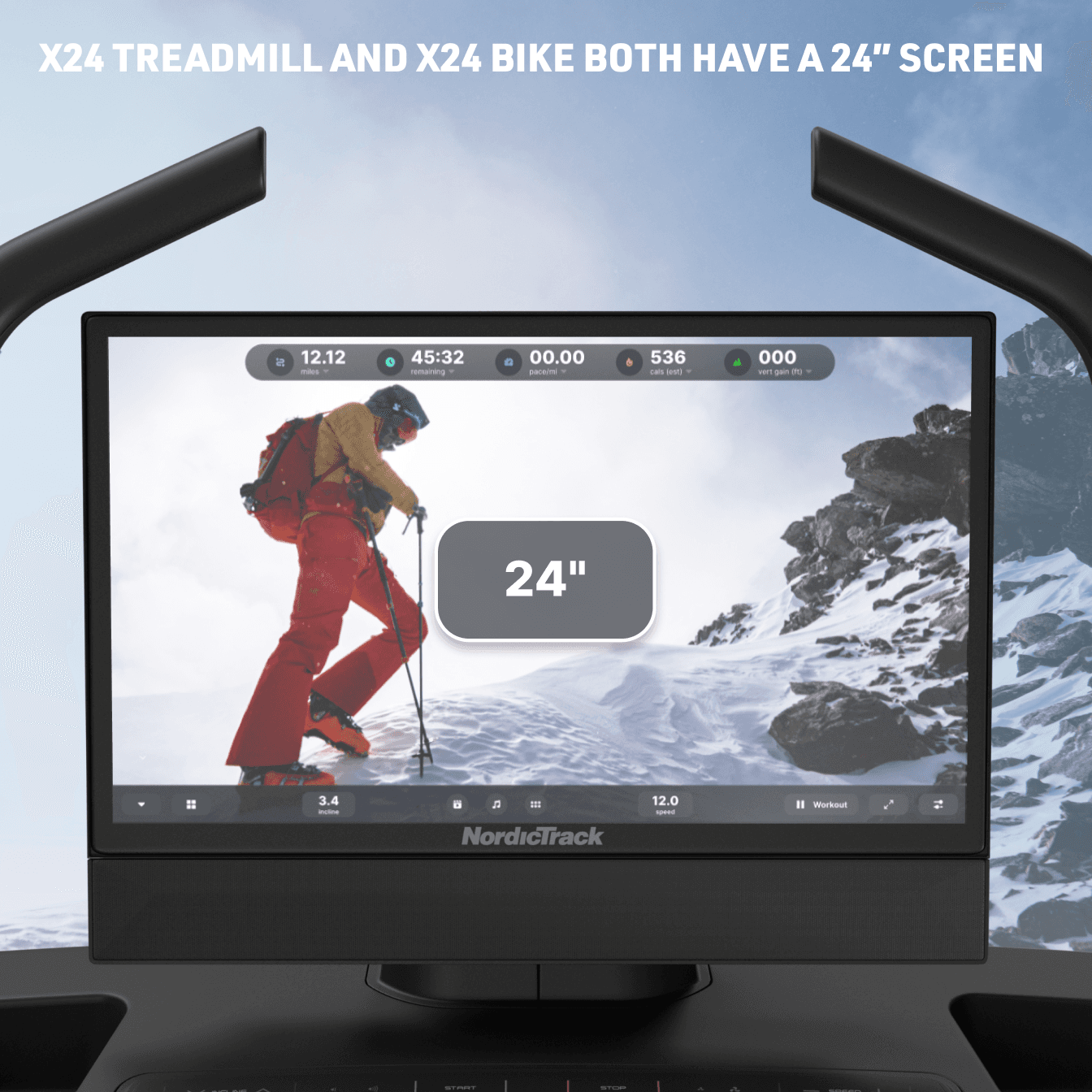A close shot of the X24 Treadmill's 24" touchscreen featuring winter workout content.